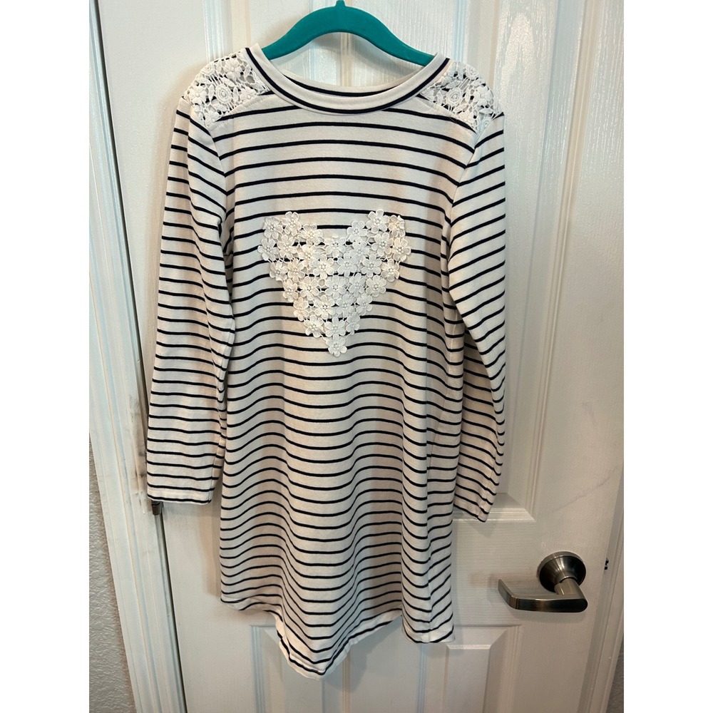 Rumi + Ryder Dress Navy White Striped Lace Heart Crochet Long Sleeve Kids M 8-10